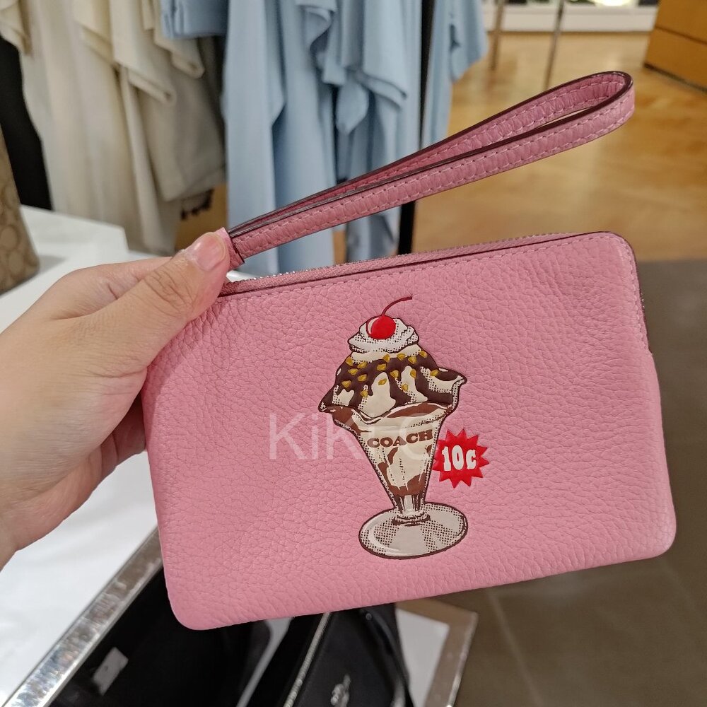 Coach Corner Zip Wristlet With Sundae Graphic CU254 pink ice cream